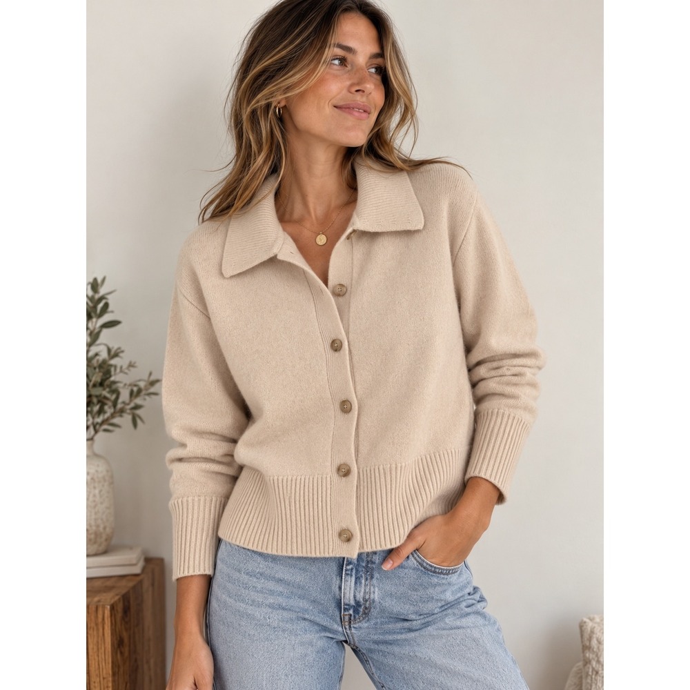 Banana Republic 100% Cashmere Collared Cardigan Sweater Cream Quiet Luxury Small